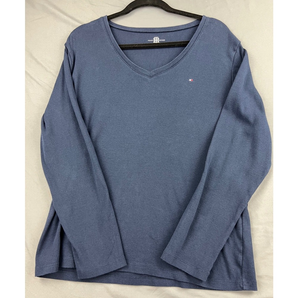 Tommy Hilfiger Top Womens L V-Neck Long Sleeve Navy Blue Logo Good Condition